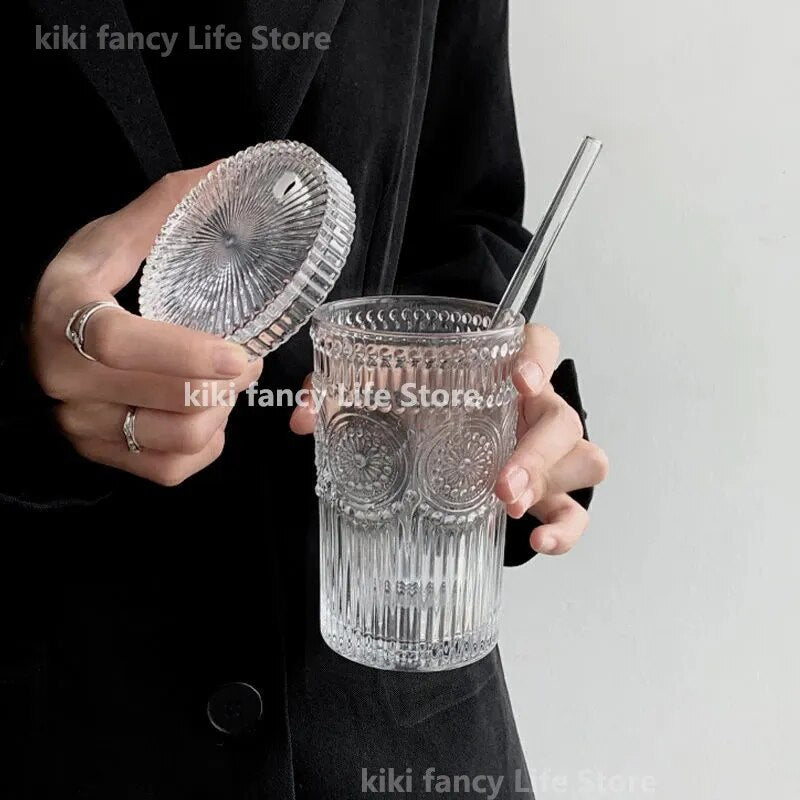 380ML Milk Cup Flower EmbossTransparent Glass Cup With Lid and Straw Transparent Bubble Tea Cup Coffee Drinkware Dessert  Cup