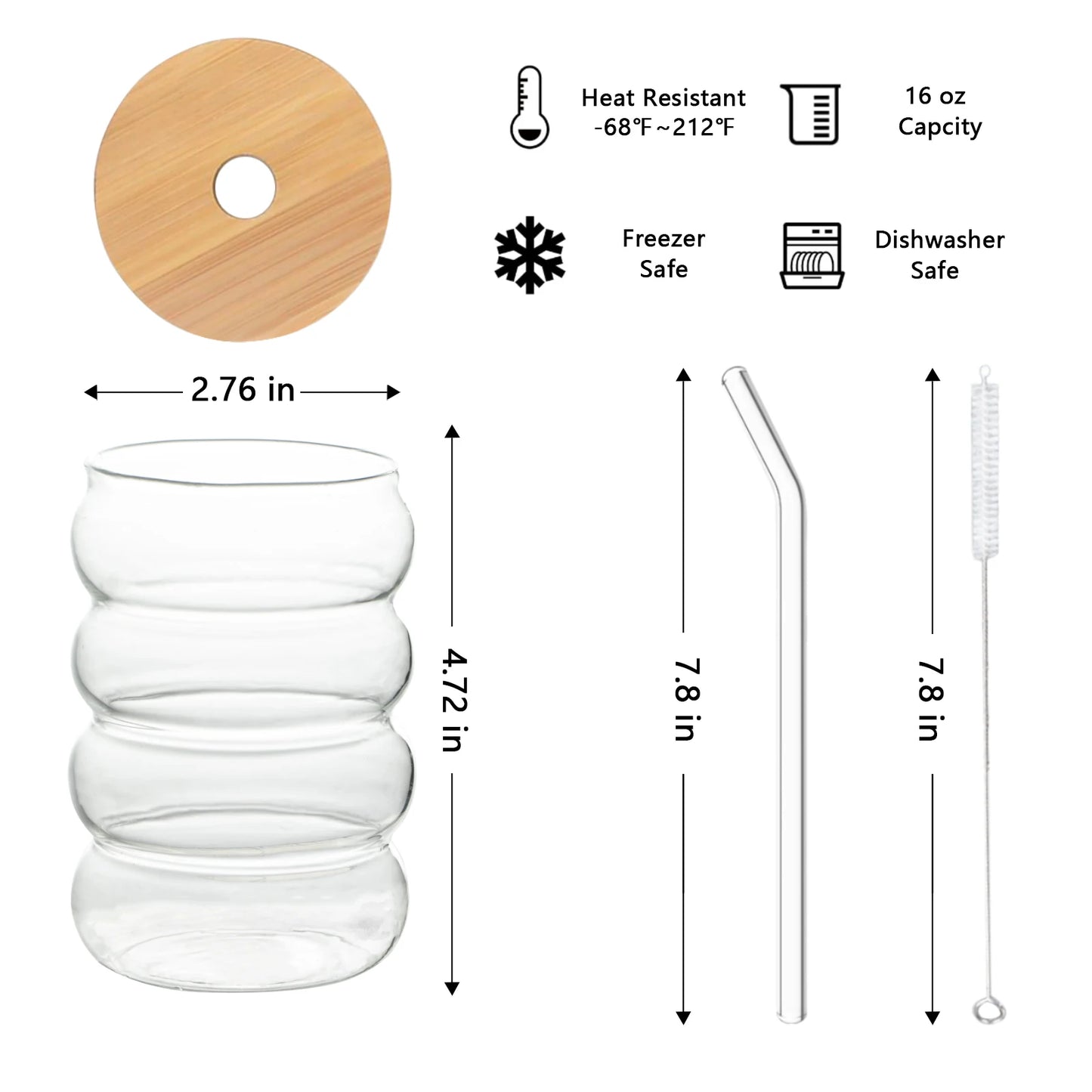 1PCS Creative Glass Cup with Lid Straw Heat-resistant Wave Cup Beer Juice Ice Coffee Cups Cocktail Fruit Bubble Glass Drinkware