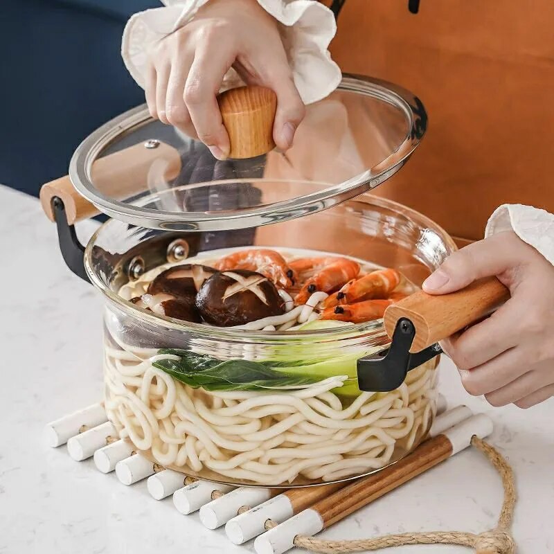 2.5L/3L/4L/5L Kitchen Cooking Saucepan with lid and double wooden handle Glass Pot Cookware for pasta, noodles, soups, milk