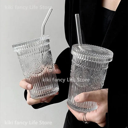 380ML Milk Cup Flower EmbossTransparent Glass Cup With Lid and Straw Transparent Bubble Tea Cup Coffee Drinkware Dessert  Cup