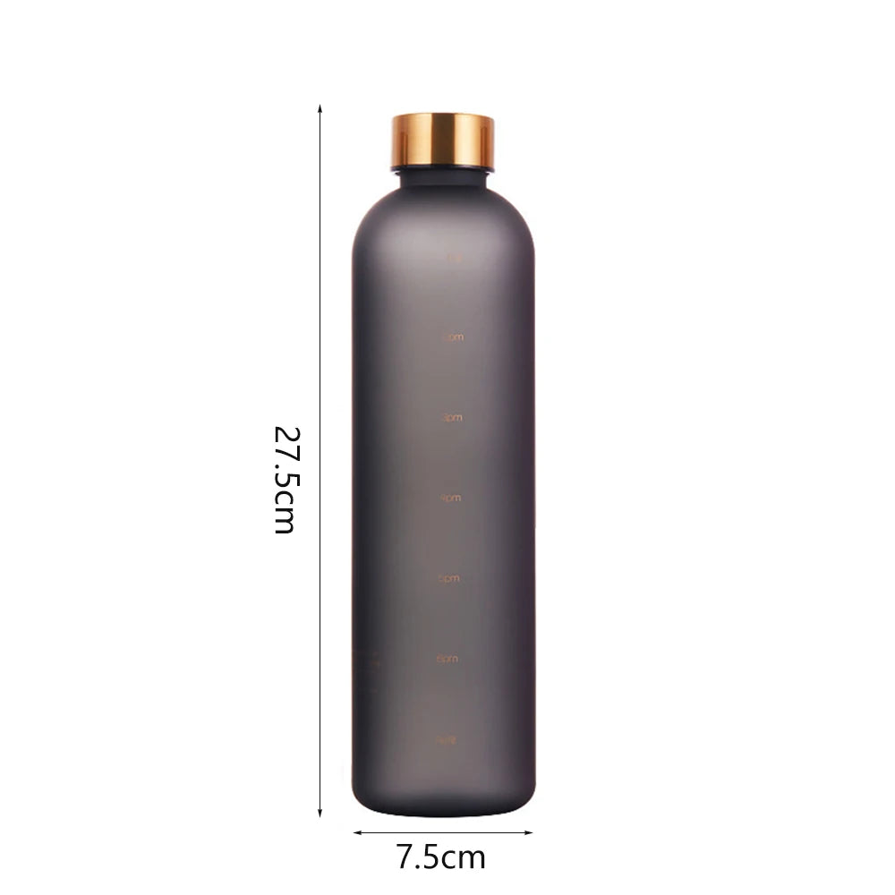 1L Water Bottle With Time Marker 32 OZ Motivational Reusable Fitness Sports Outdoors Travel Leakproof BPA Free Frosted Plastic