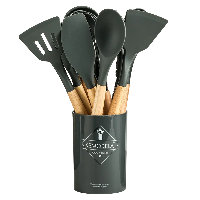 13PCS Silicone Cooking Kitchenware Set Wooden Handle Heat Resistant Nonstick Pan 304 Food Grade Baking Tools