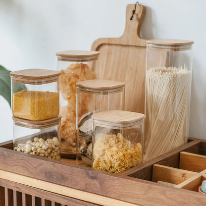 Sealing Kitchen Grain Tea Mason Storage Tank With Bamboo Cover Glass Jars For Spices Condiments Organizer Airtight Container