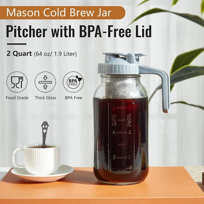 Iced Tea Maker Mason Jar 64Oz, Durable Thick Glass Cold Brew Pitcher Flip Cap Spout Lid With Handle