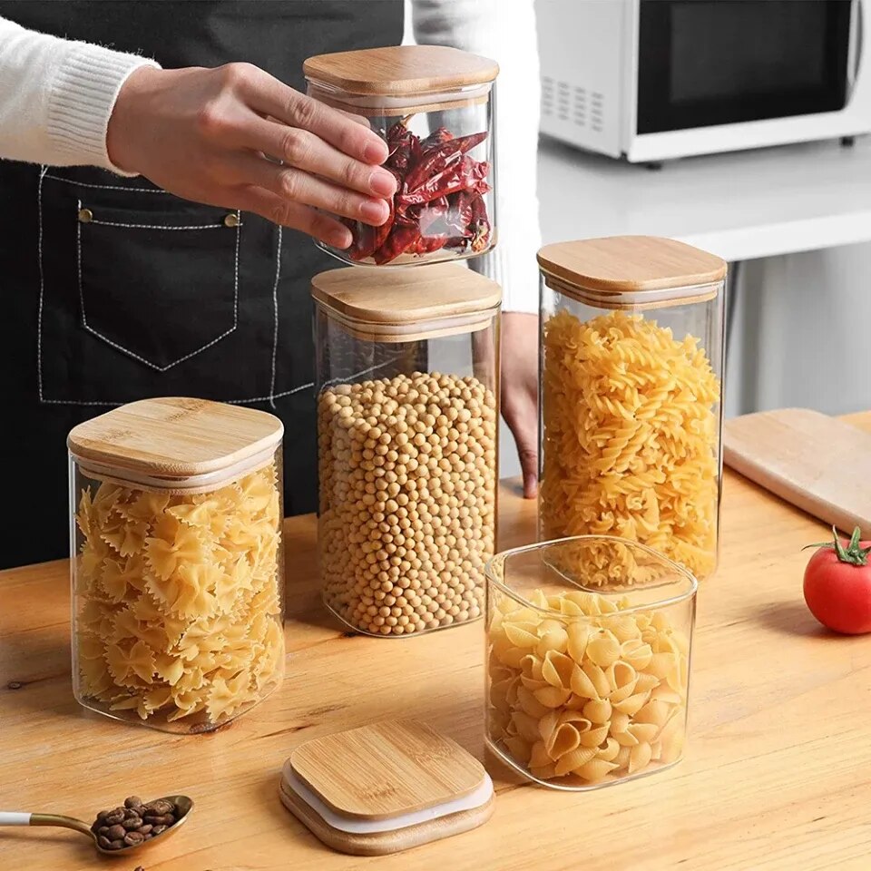 Sealing Kitchen Grain Tea Mason Storage Tank With Bamboo Cover Glass Jars For Spices Condiments Organizer Airtight Container