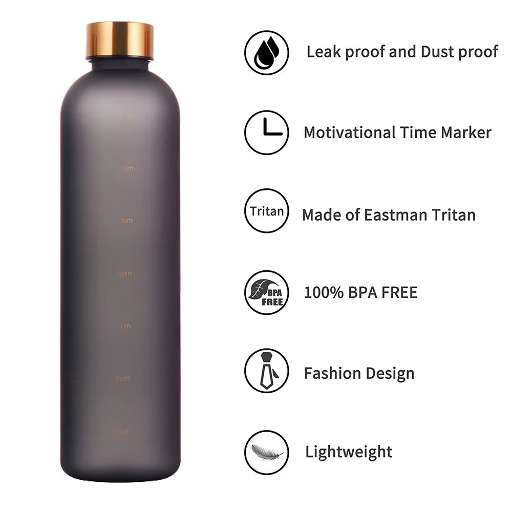 1L Water Bottle With Time Marker 32 OZ Motivational Reusable Fitness Sports Outdoors Travel Leakproof BPA Free Frosted Plastic